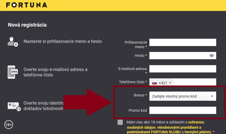Fortuna promo kód pri registrácii